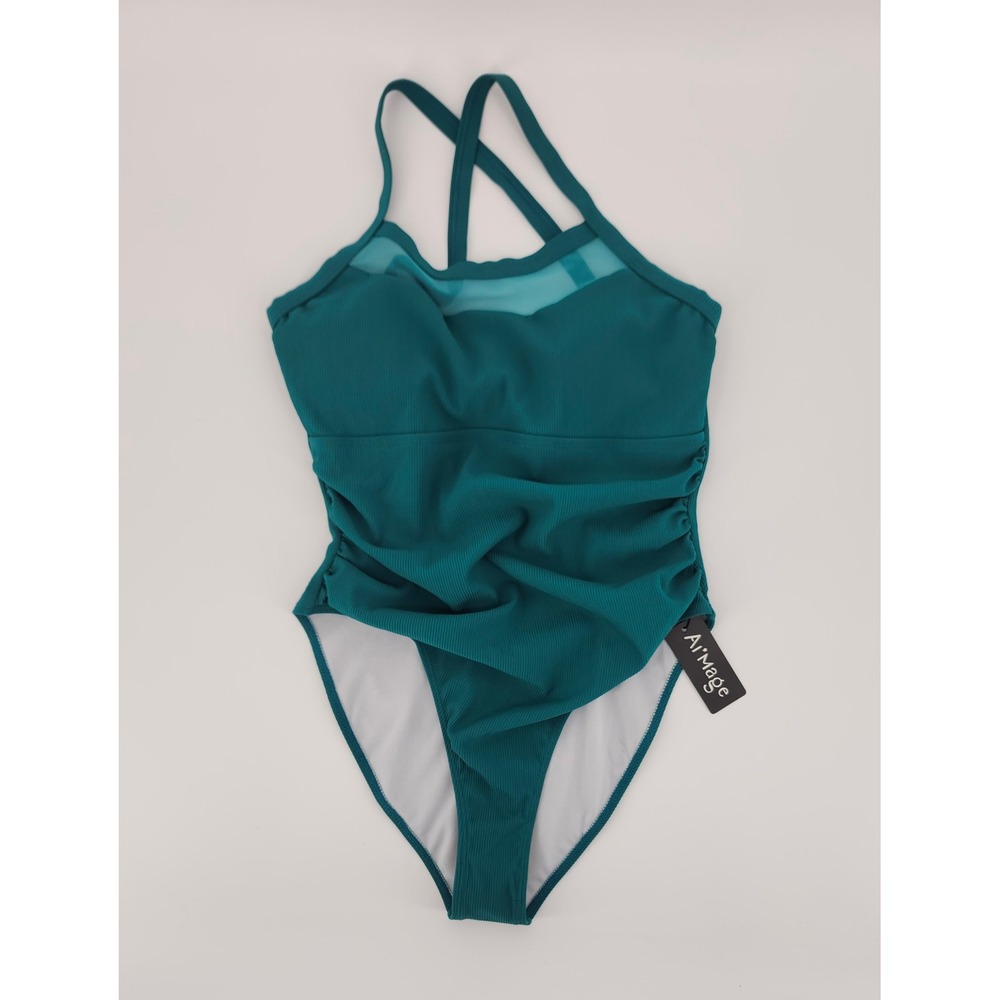 Ai'Mage Teal Ribbed One Piece Swimsuit Mesh High Neck Ruched Keyhole Back NWT M